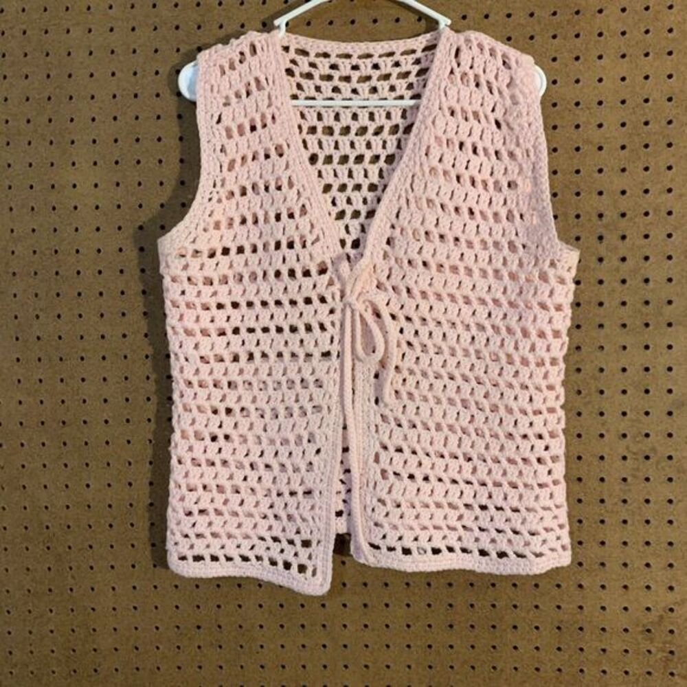 Handmade Pink Crochet Vest‎ Boho Open Knit Tie Sleeveless Top Festival Granny